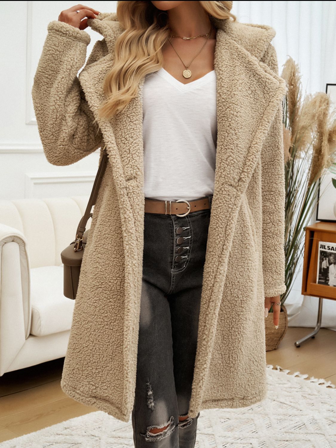 Devine Pocketed Long Sleeve Hooded Teddy Coat - Celeste    