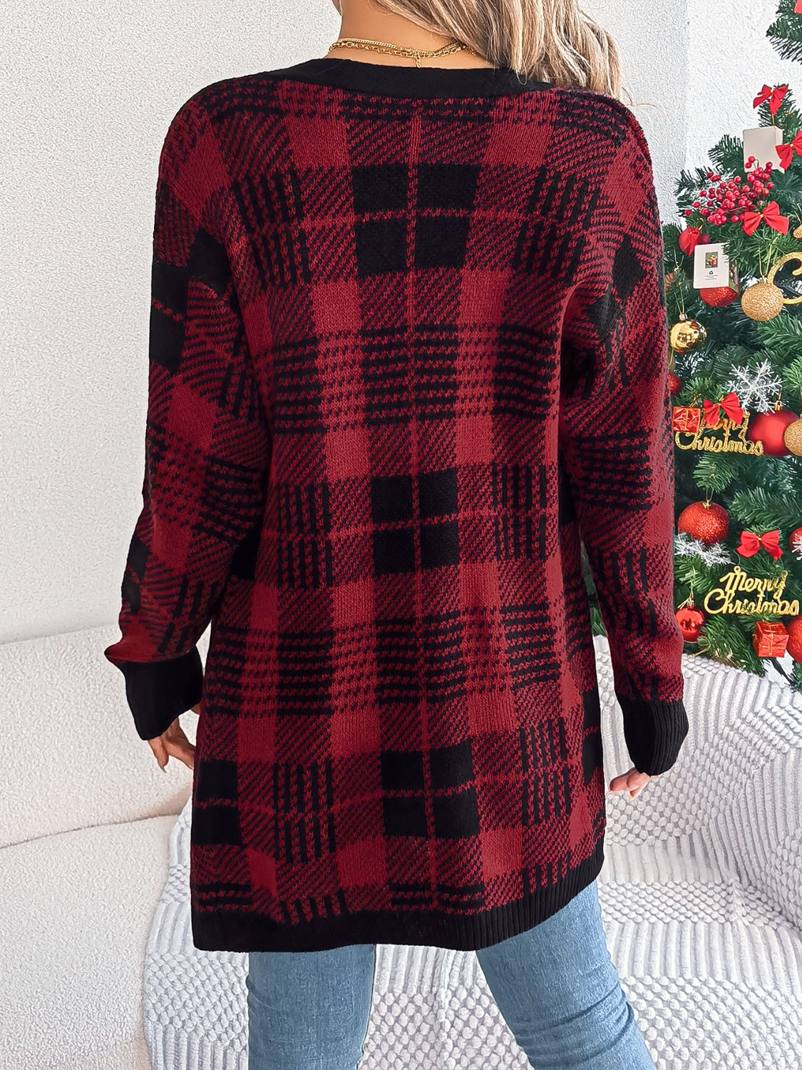 Plaid Open Front Long Sleeve Cardigan - Celeste    