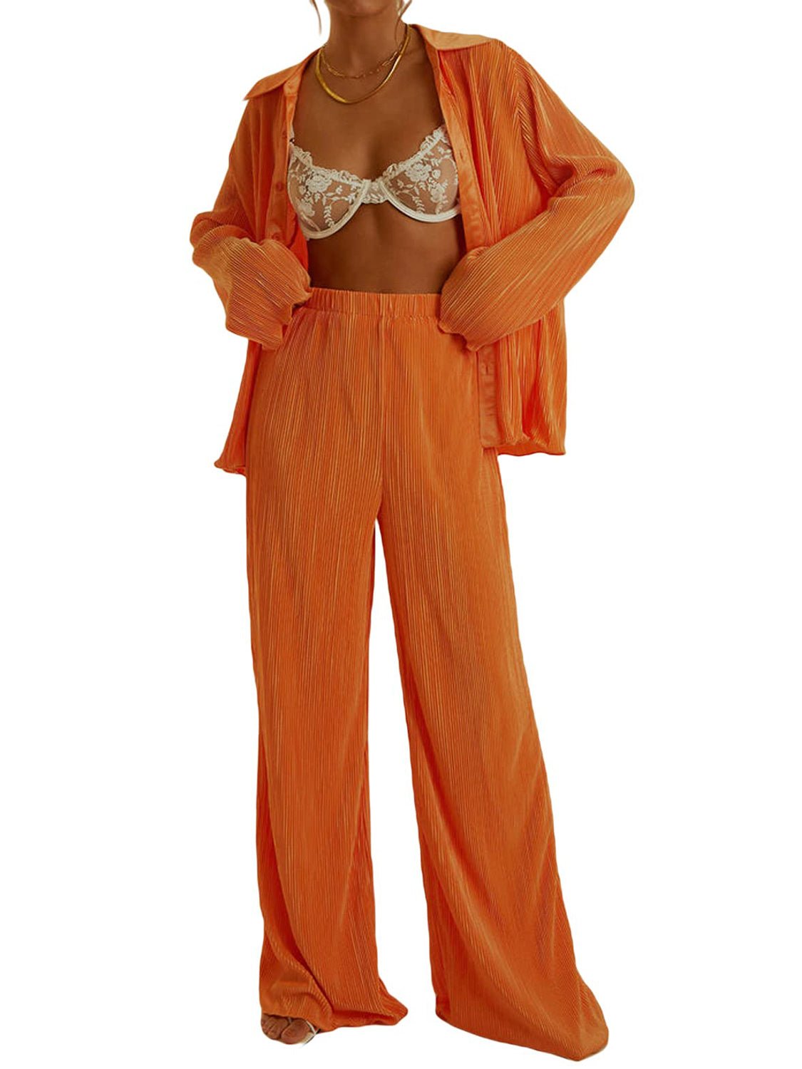Collared Neck Long Sleeve Top and Pants Lounge Set - Celeste    