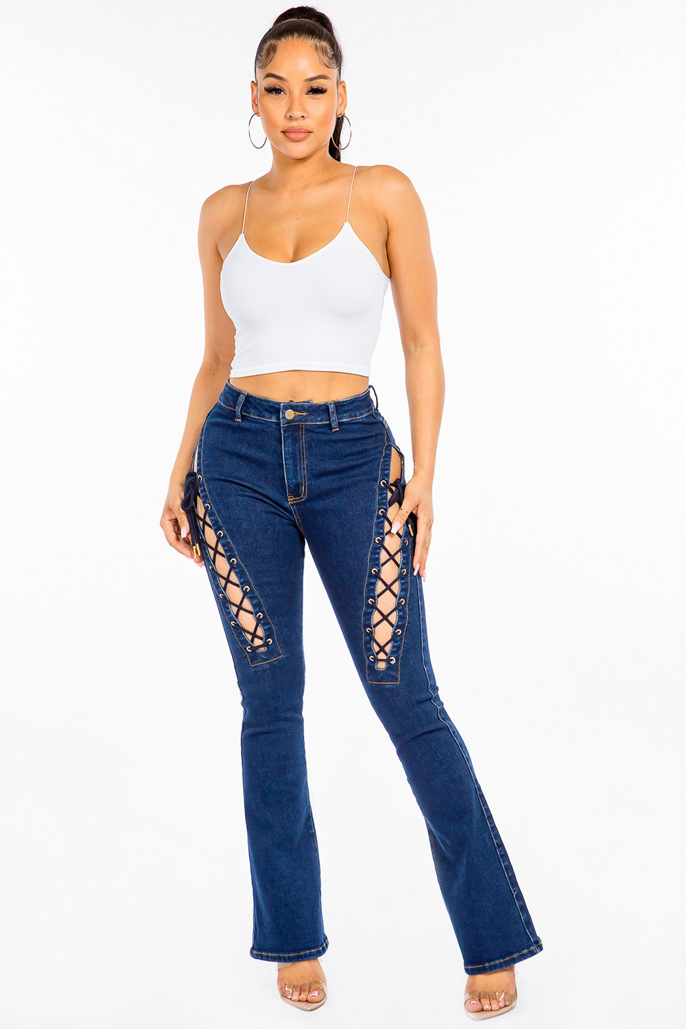 American Bazi High Rise Lace Up Jeans - Celeste    