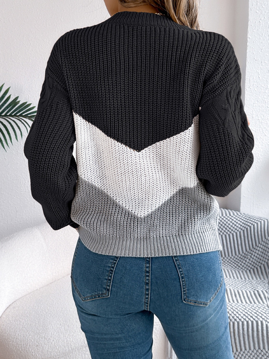 Cable-Knit Color Block Round Neck Sweater - Celeste    