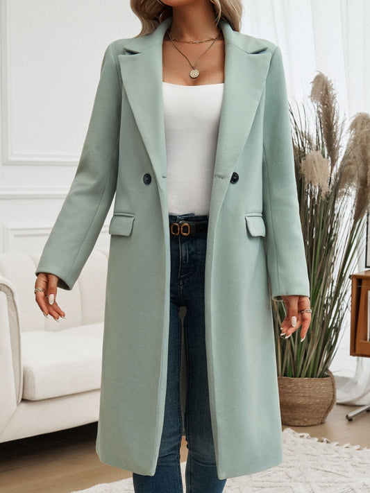 Devine Pocketed Collared Neck Long Sleeve Coat - Celeste    