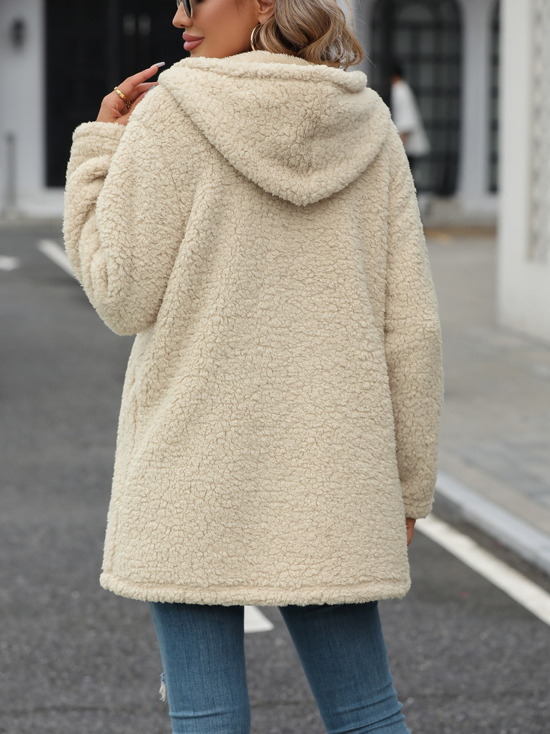 Fuzzy Zip Up Long Sleeve Hooded Jacket - Celeste    