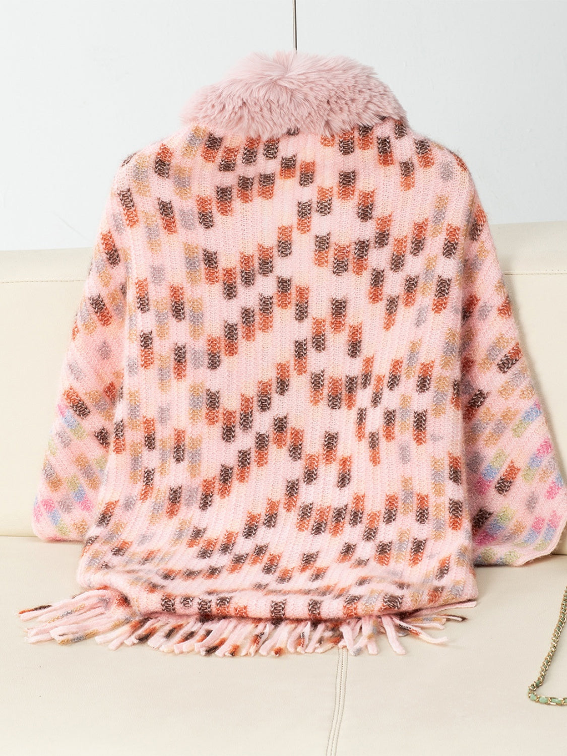 Fringe Fuzzy Open Front Poncho - Celeste    