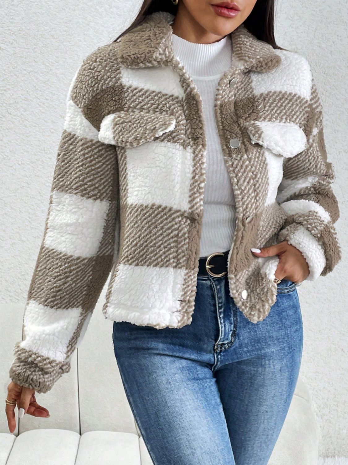 Decorative Pocket Flap Plaid Long Sleeve Jacket - Celeste    