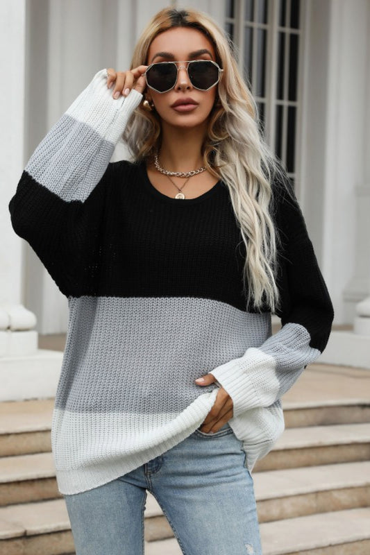 Perfee Color Block Long Sleeve Chunky Knit Sweater - Celeste    
