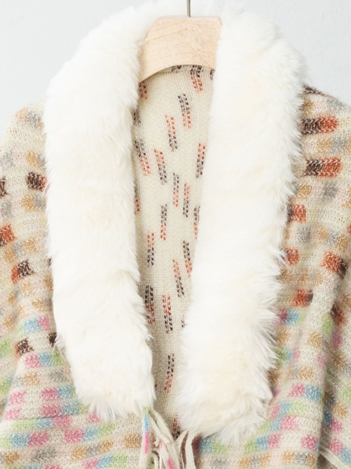 Fringe Fuzzy Open Front Poncho - Celeste    