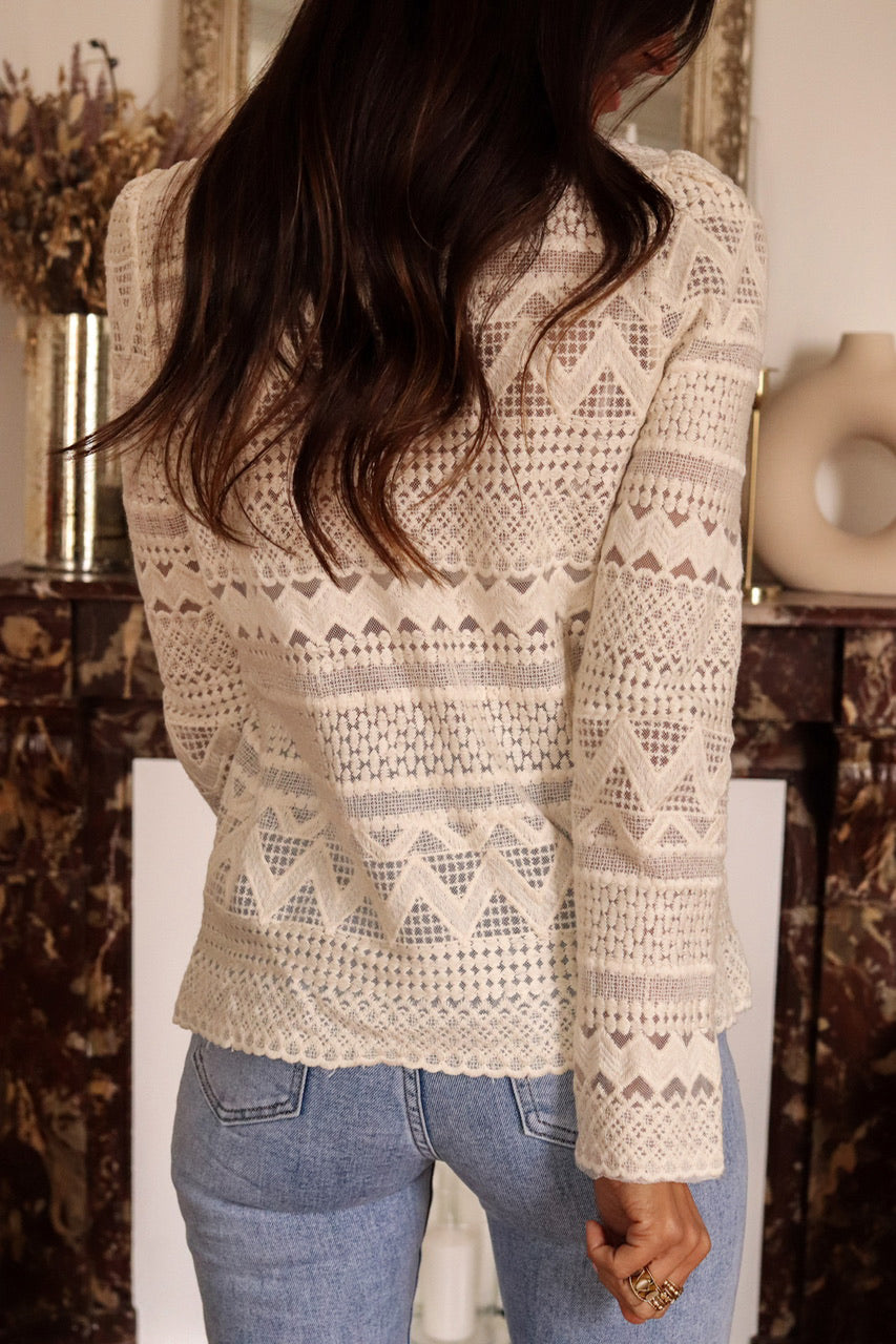 White Geometric Lace Blouse - Celeste  Tops/Blouses & Shirts  