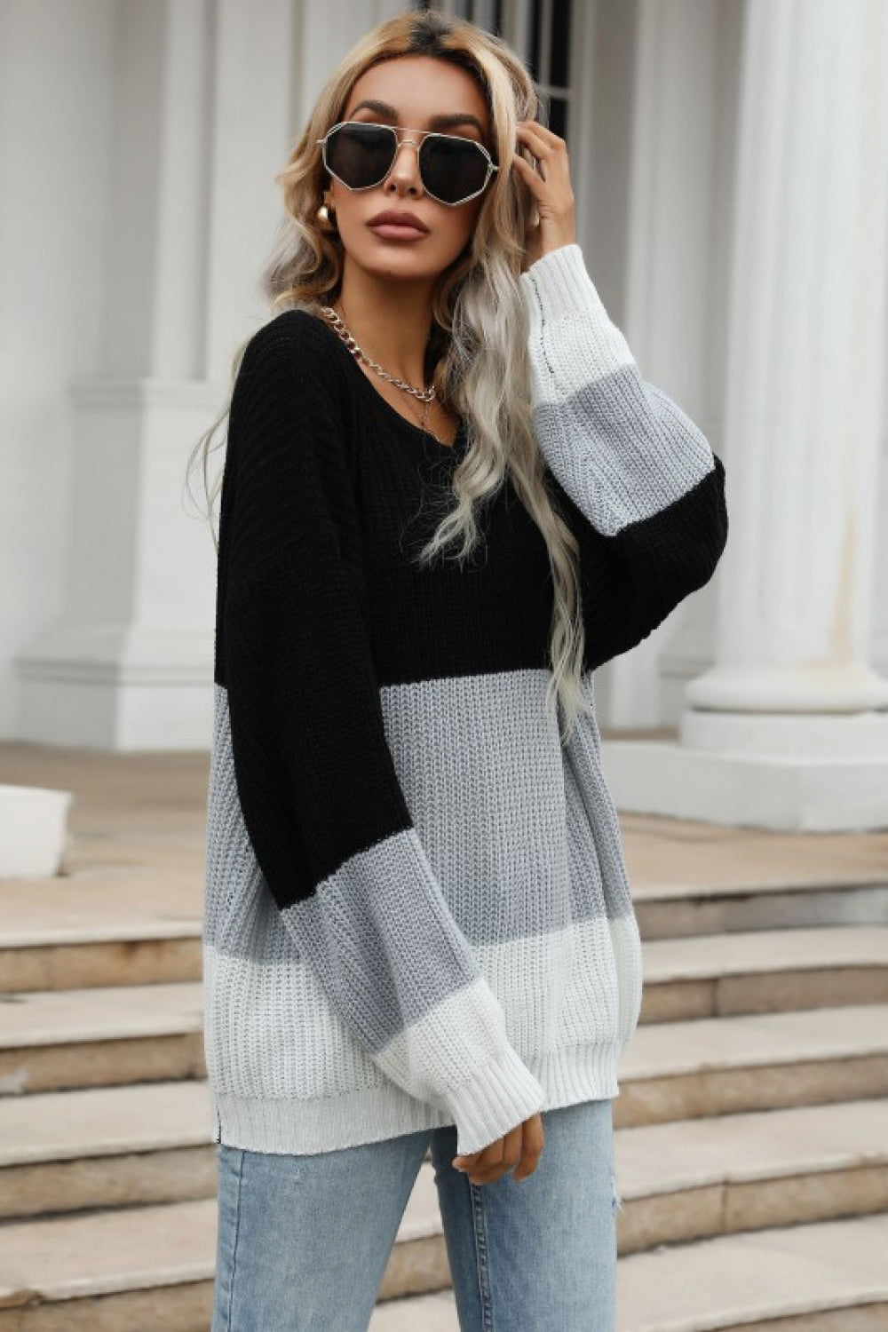Perfee Color Block Long Sleeve Chunky Knit Sweater - Celeste    