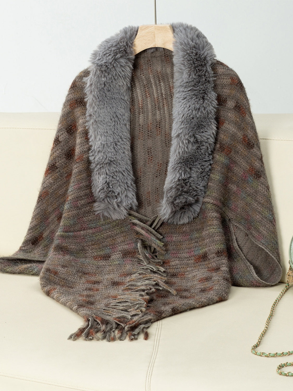 Fringe Fuzzy Open Front Poncho - Celeste    