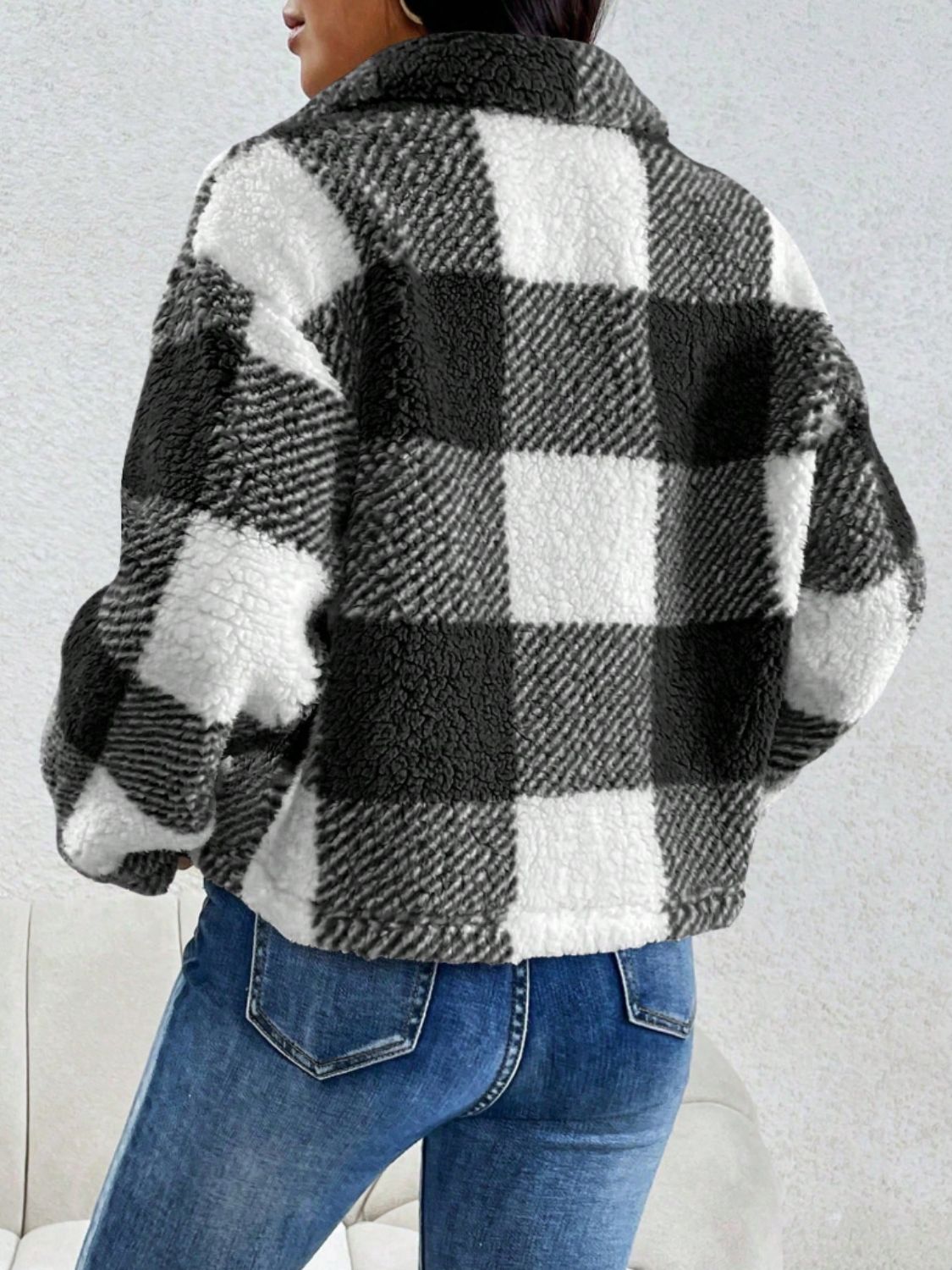 Decorative Pocket Flap Plaid Long Sleeve Jacket - Celeste    