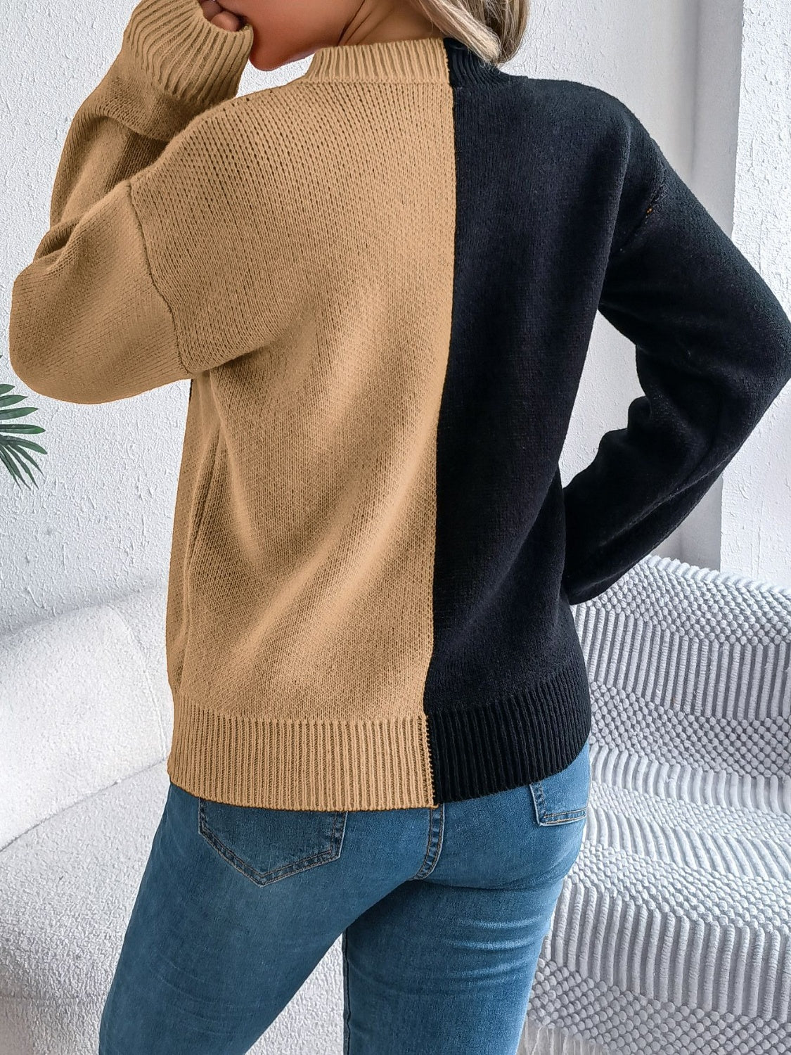 Contrast Round Neck Long Sleeve Sweater - Celeste    