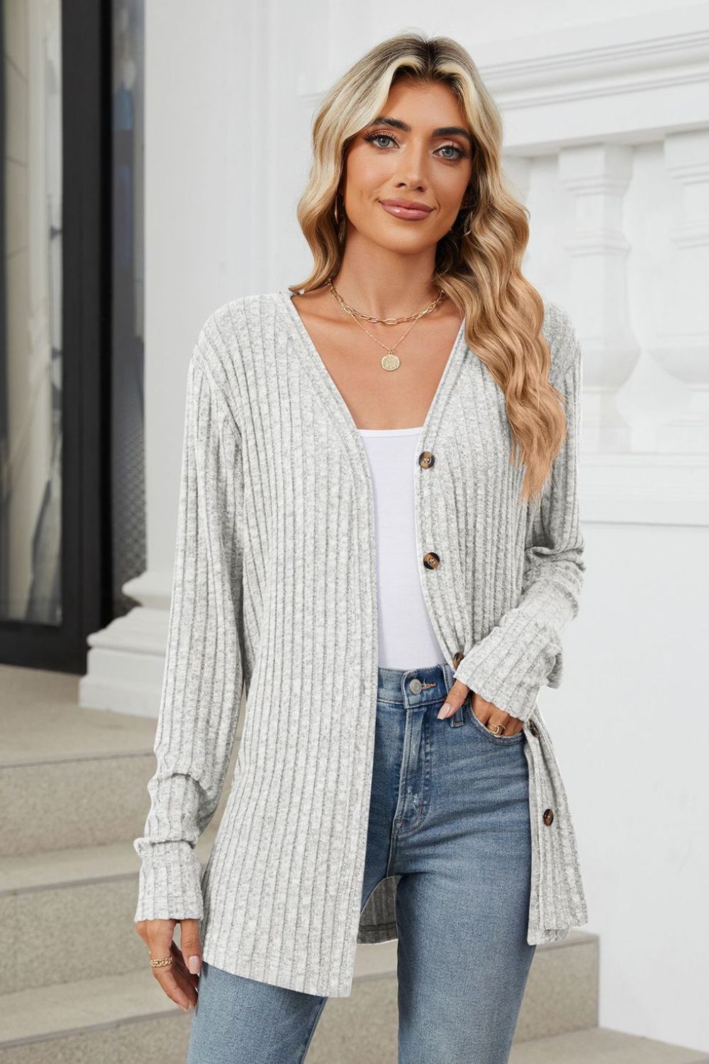 Loose Button Up Long Sleeve Cardigan - Celeste  Sweaters & Cardigans/Cardigans  