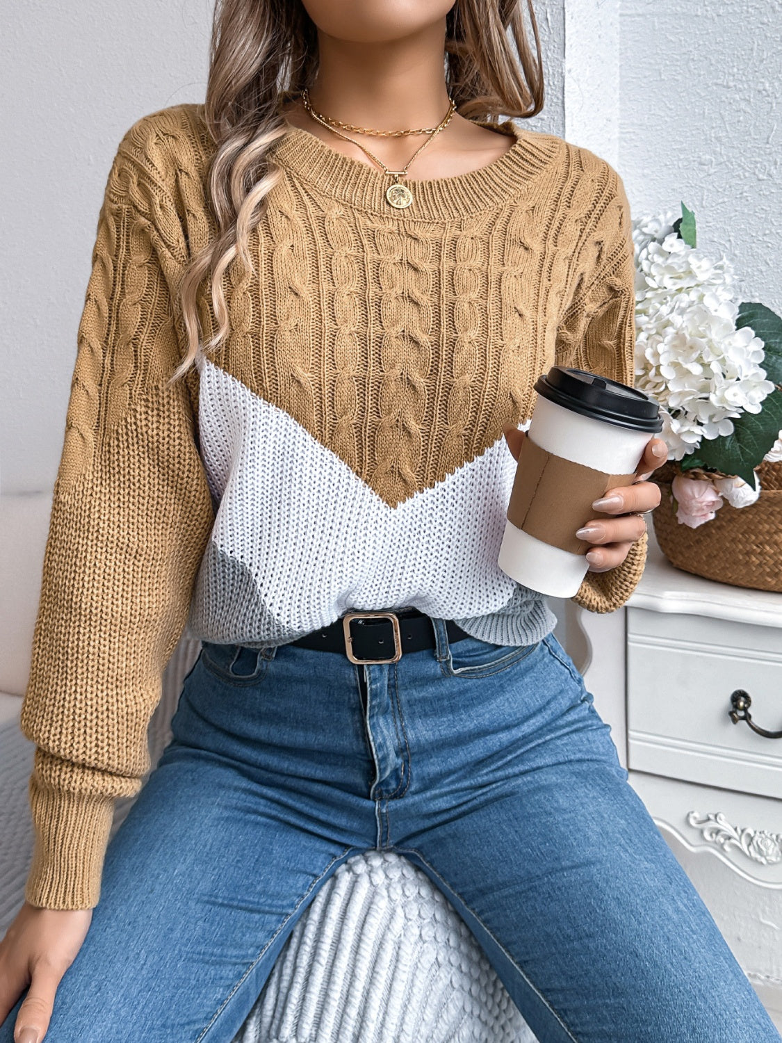 Cable-Knit Color Block Round Neck Sweater - Celeste    