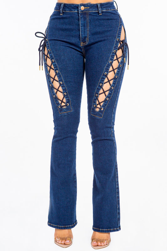 American Bazi High Rise Lace Up Jeans - Celeste    