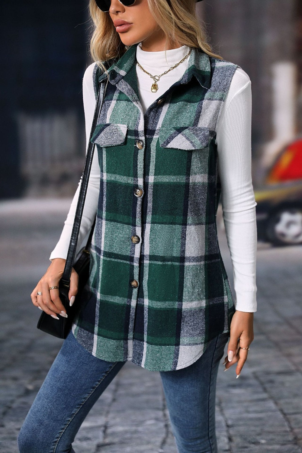 Plaid Button Up Vest Coat - Celeste    