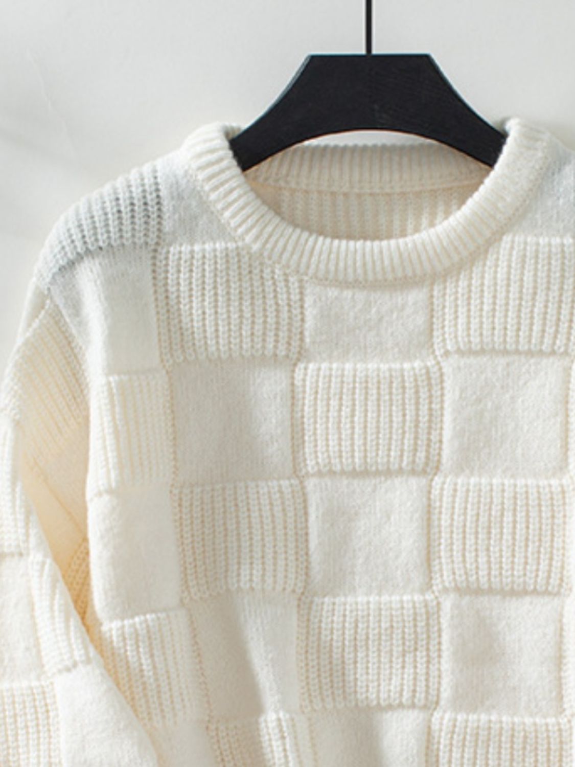 Checkered Round Neck Long Sleeve Sweater - Celeste    