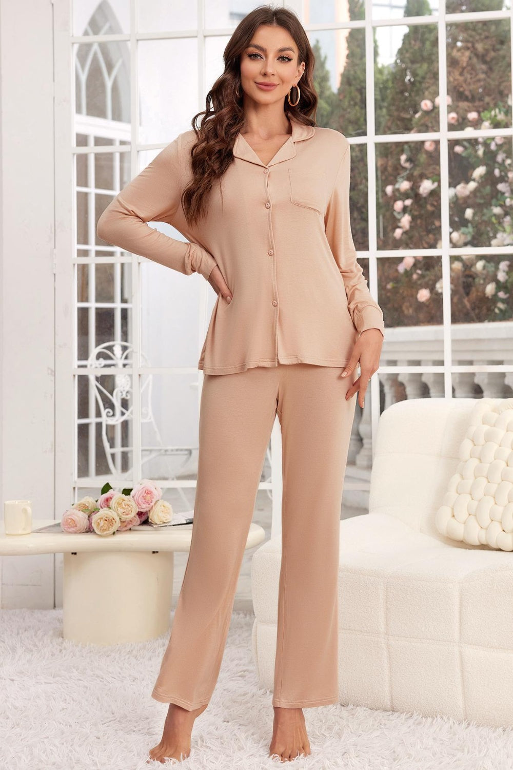 Button Up Long Sleeve Top and Pants Lounge Set - Celeste    