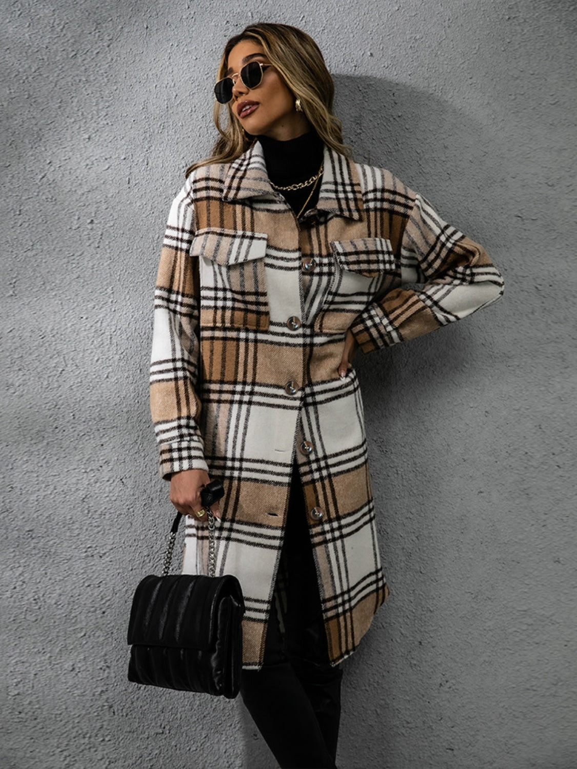 Plaid Collared Neck Long Sleeve Coat - Celeste    