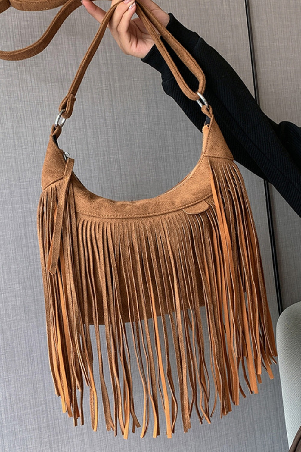 Suede Fringe Adjustable Strap Shoulder Bag - Celeste    