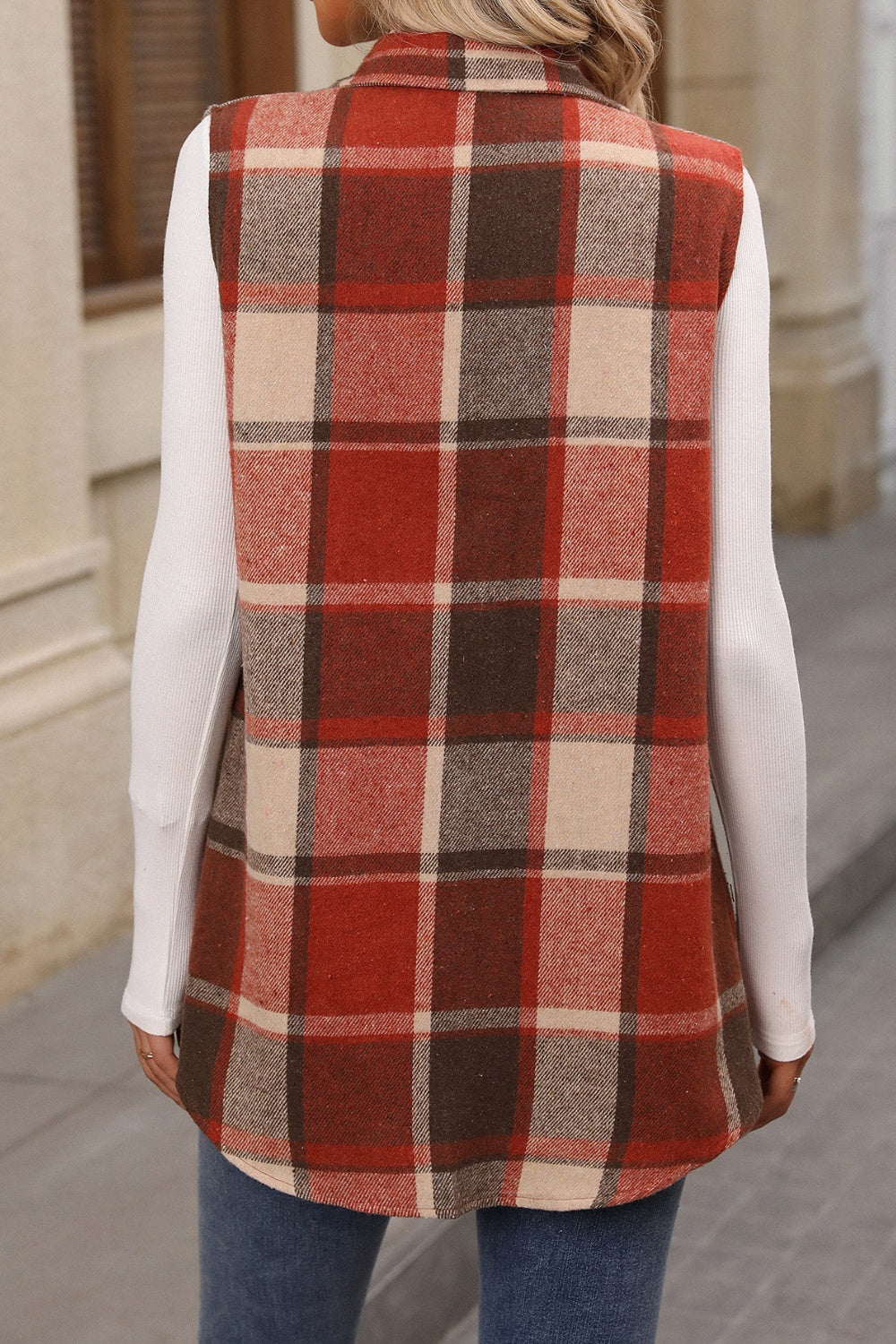 Plaid Button Up Vest Coat - Celeste    