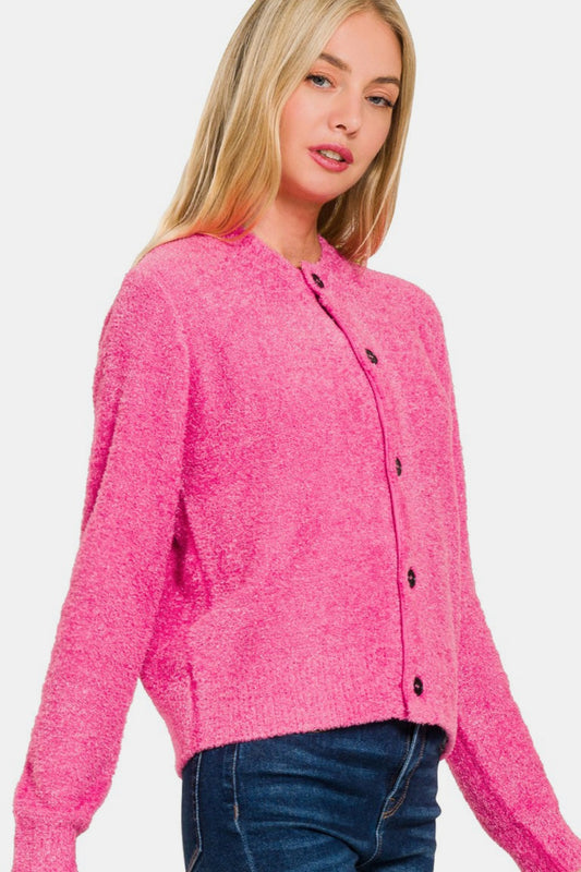 Zenana Button Down Long Sleeve Sweater Cardigan - Celeste    