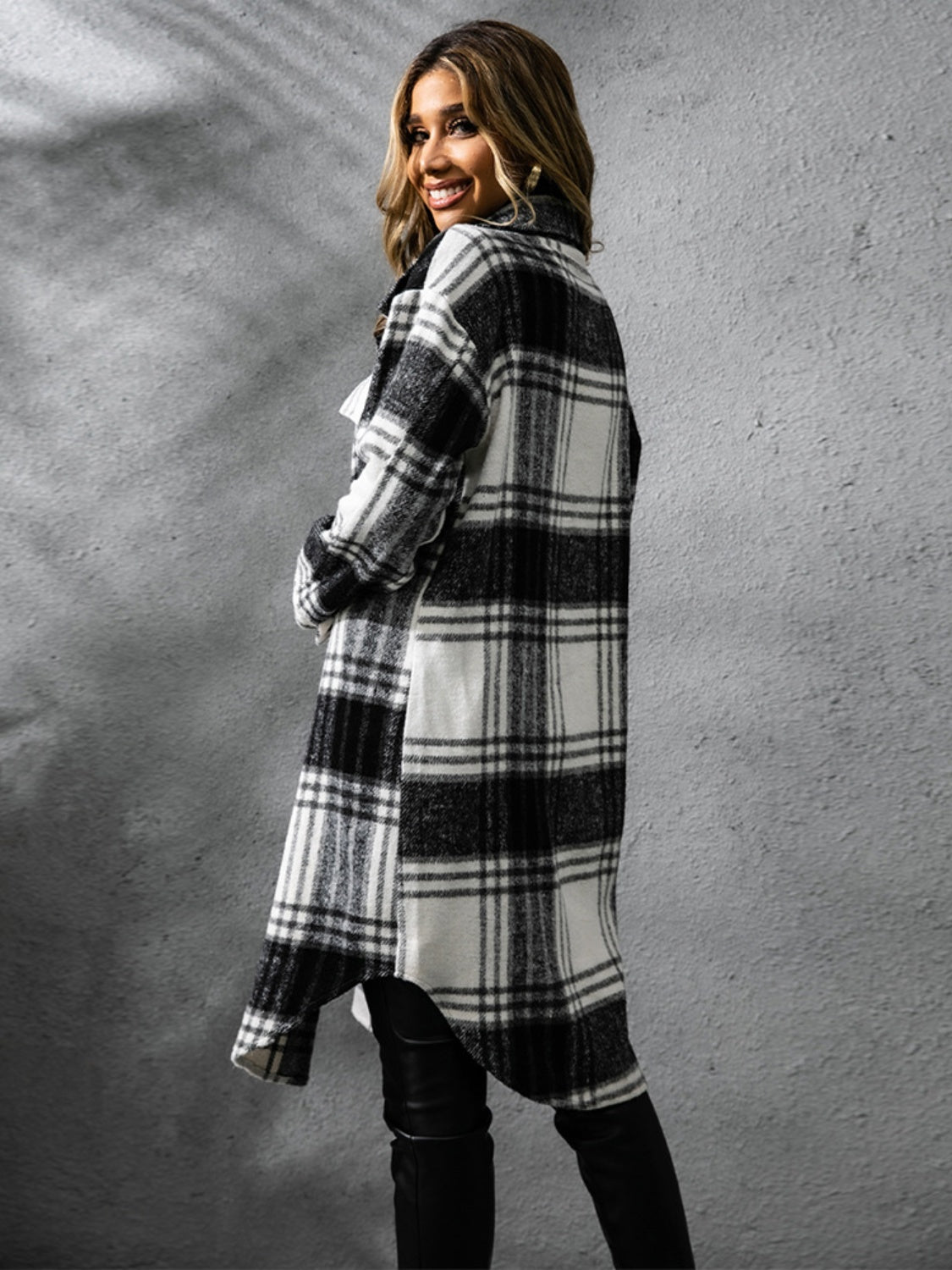 Plaid Collared Neck Long Sleeve Coat - Celeste    