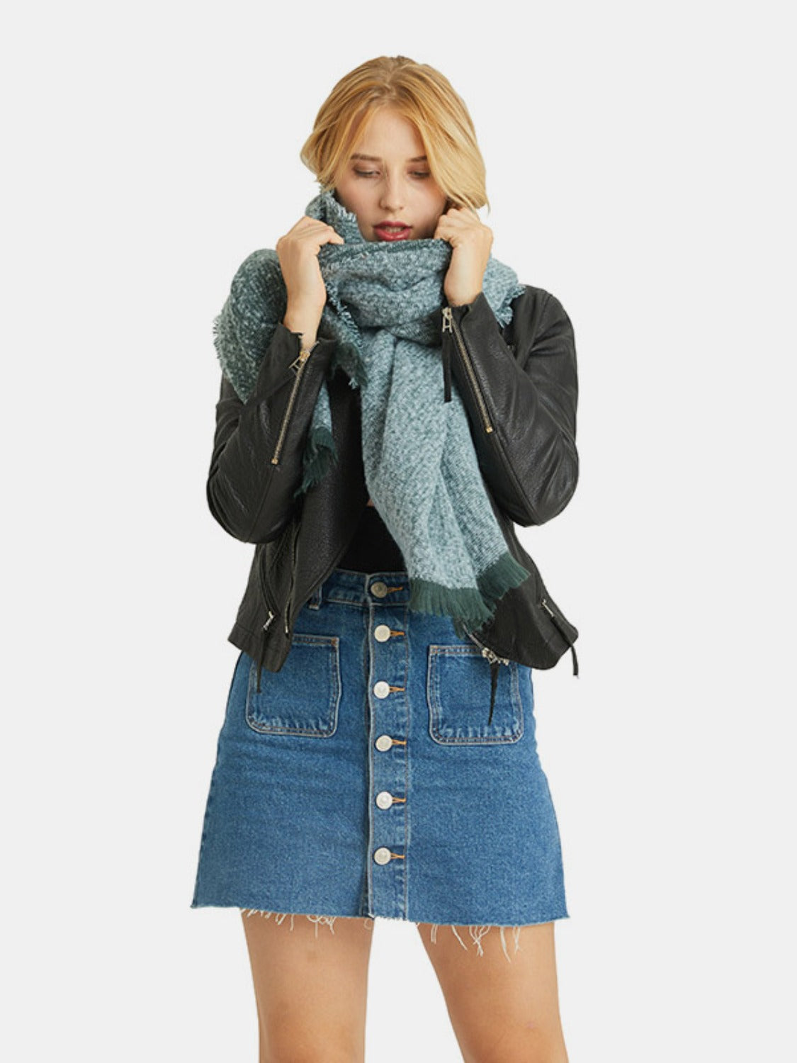 Raw Hem Heathered Polyester Scarf - Celeste    
