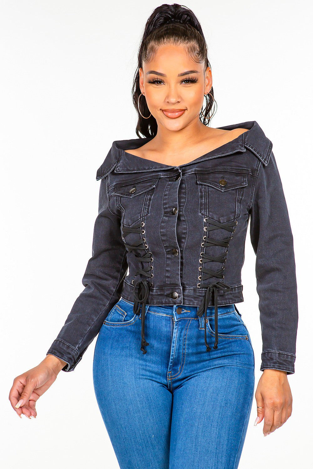American Bazi Off Shoulder Lace Up Denim Jacket - Celeste    