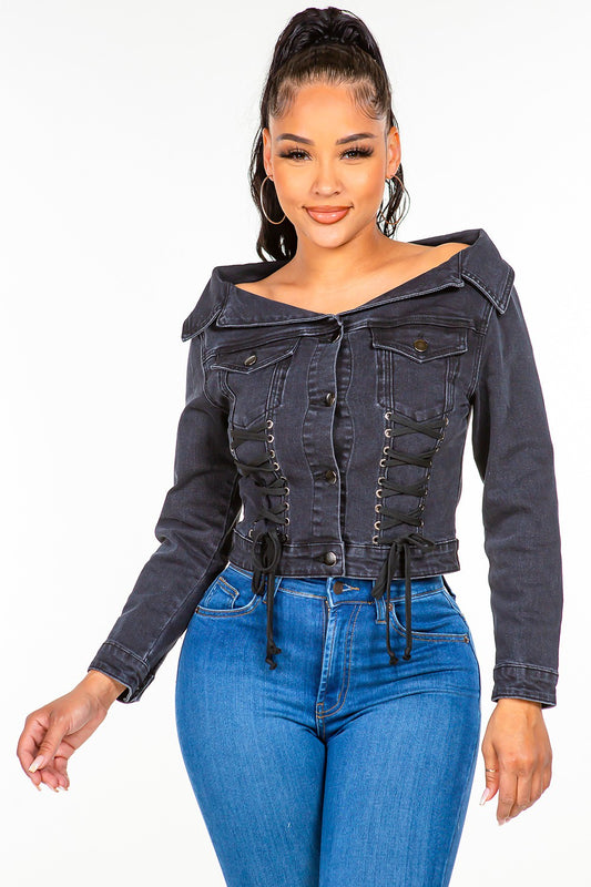 American Bazi Off Shoulder Lace Up Denim Jacket - Celeste    