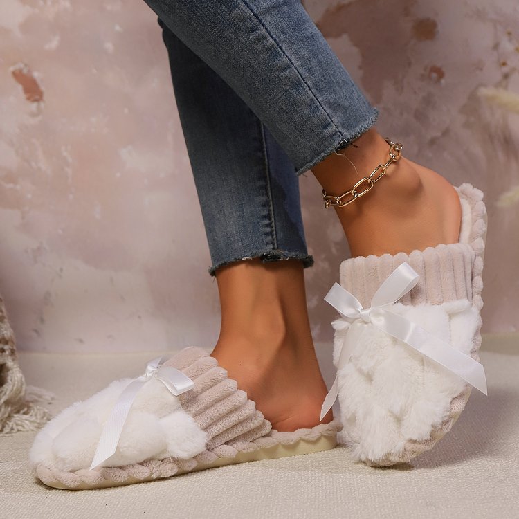 Bow Trim Contrast Slippers - Celeste    