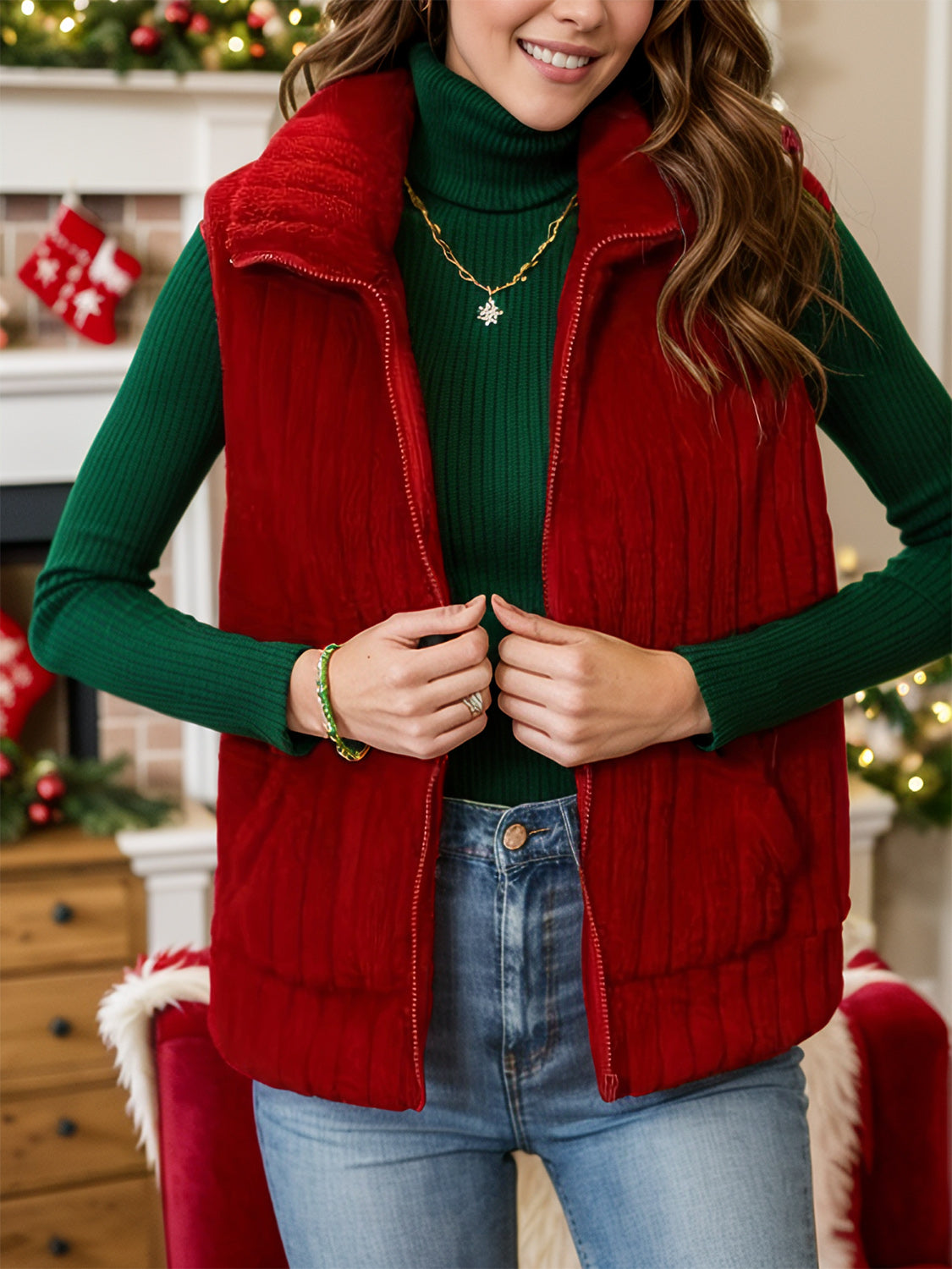 Pocketed Zip Up Vest Coat - Celeste    