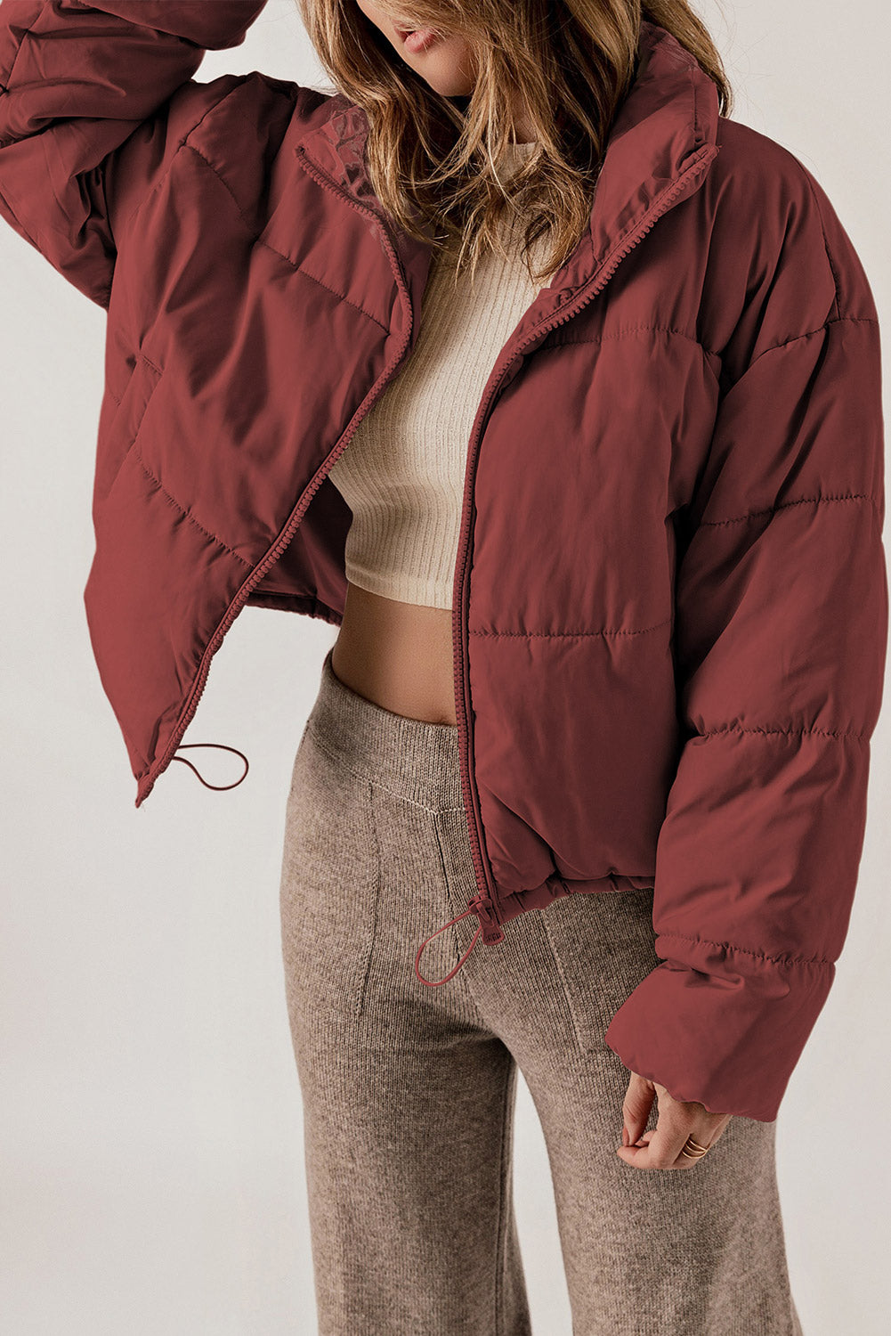 Zip Up Collared Neck Long Sleeve Winter Coat - Celeste    