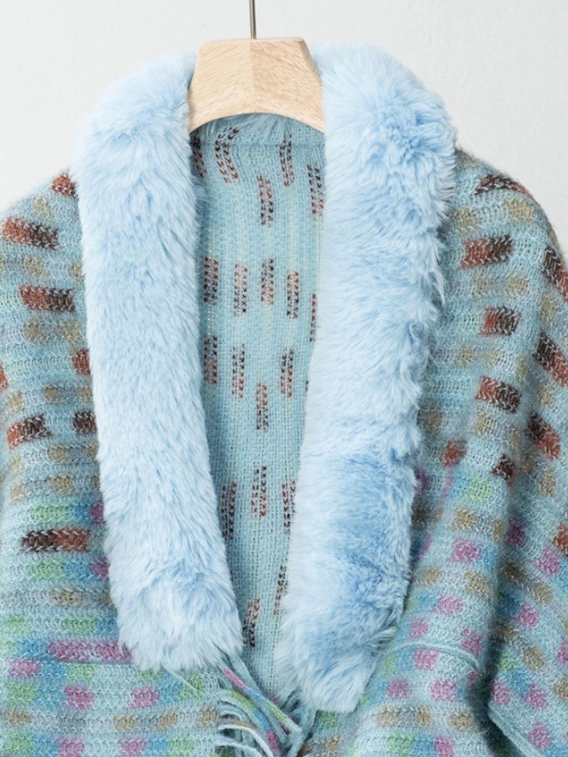Fringe Fuzzy Open Front Poncho - Celeste    