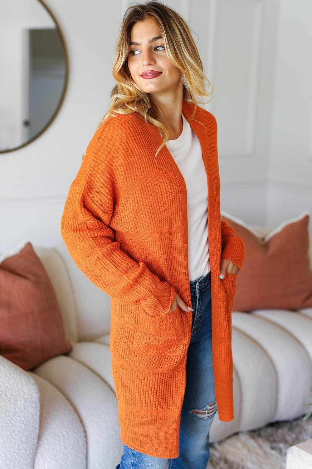 Haptics Full Size Stripe Textured Open Front Cardigan with Pockets - Celeste    