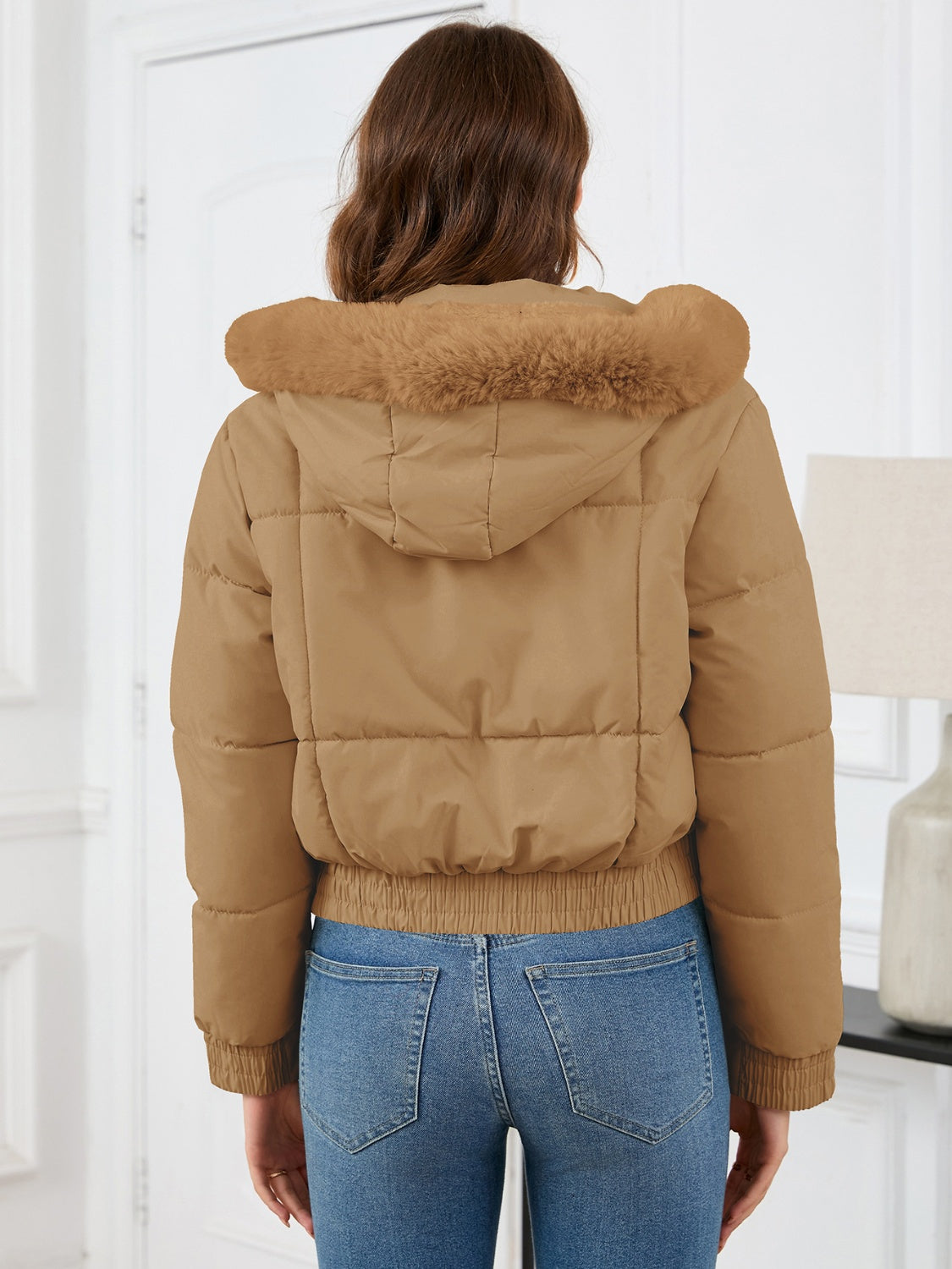 Pocketed Long Sleeve Cropped Hooded Winter Coat - Celeste    