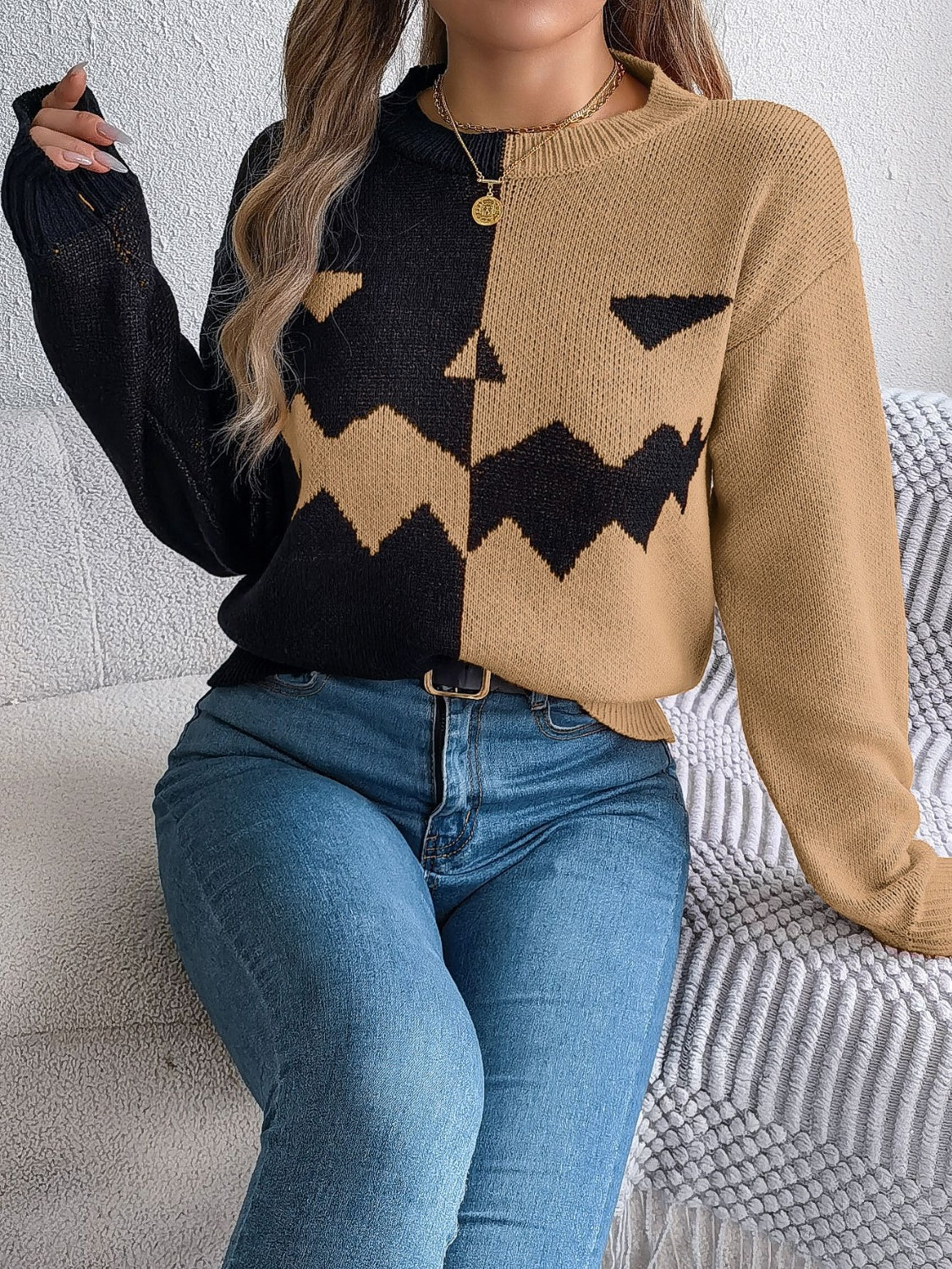 Contrast Round Neck Long Sleeve Sweater - Celeste    