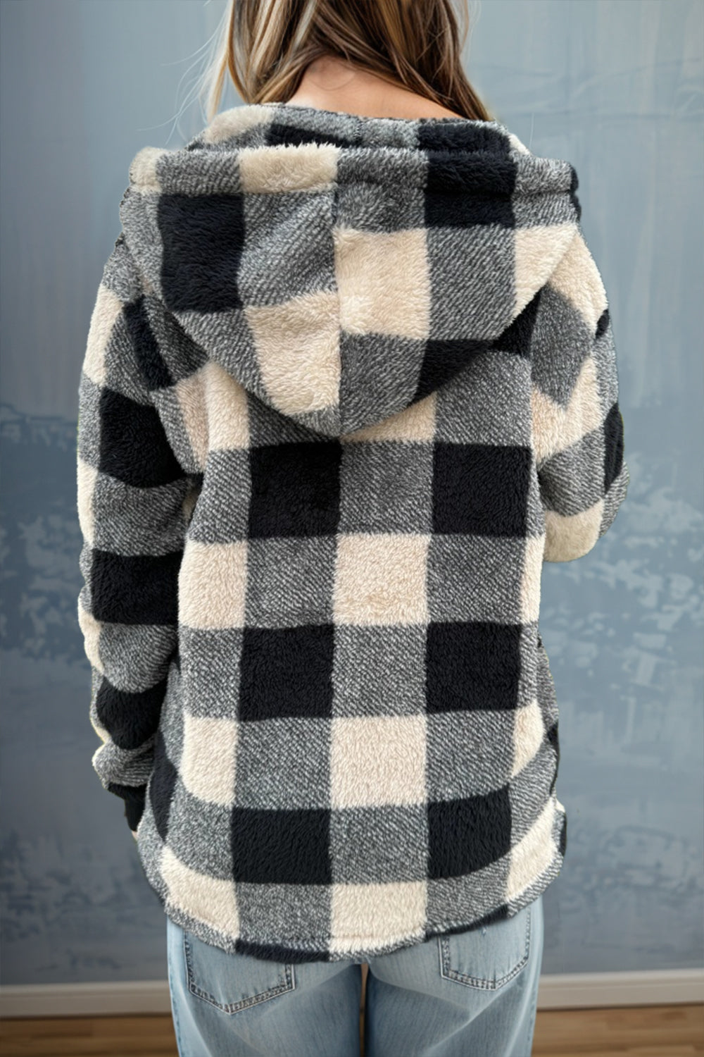 Double Take Full Size Plaid Long Sleeve Hooded Coat - Celeste    