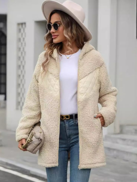 Fuzzy Zip Up Long Sleeve Hooded Jacket - Celeste    
