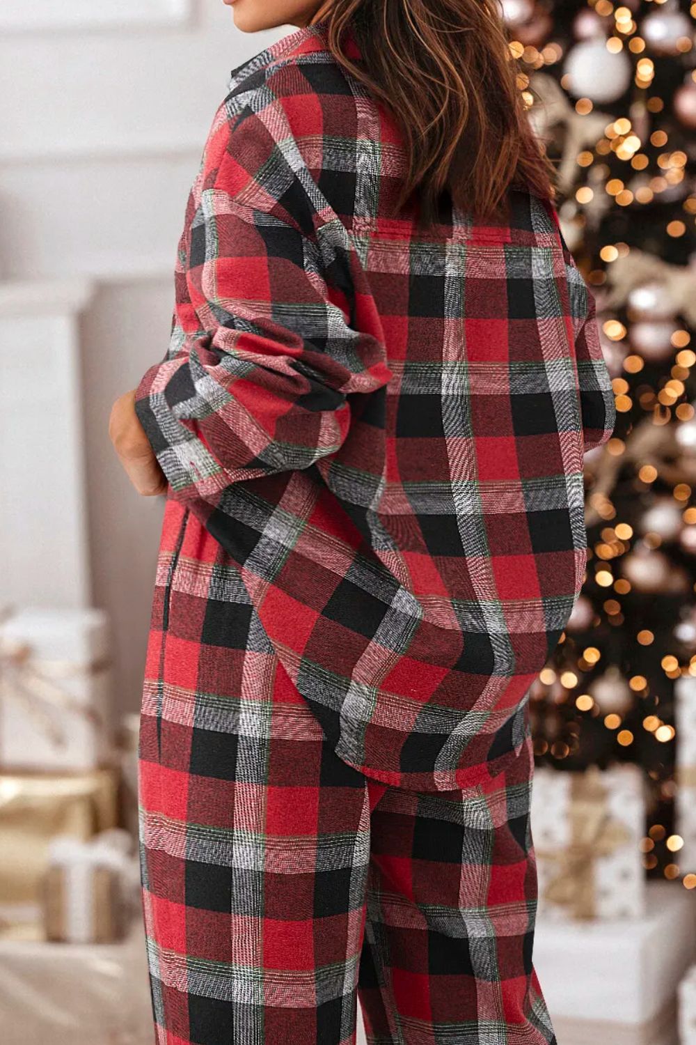 Plaid Long Sleeve Top and Pants Lounge Set - Celeste    