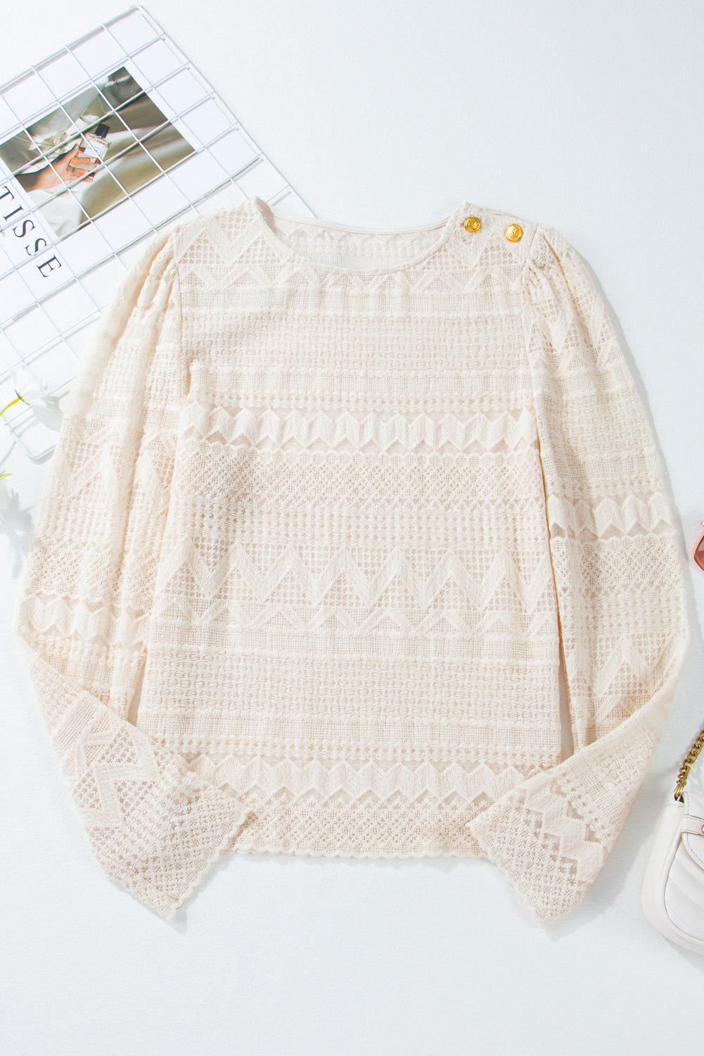 White Geometric Lace Blouse - Celeste  Tops/Blouses & Shirts  