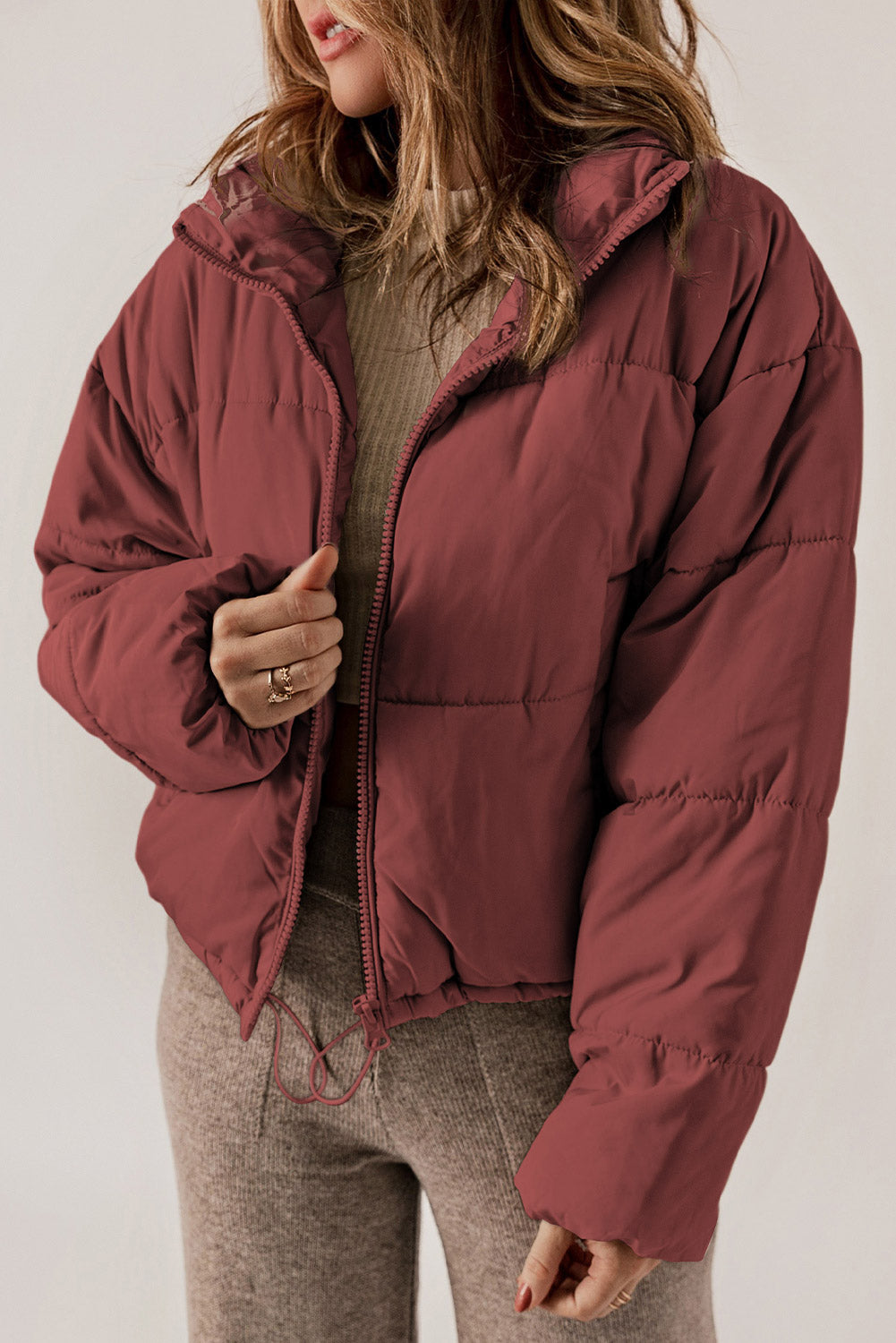 Zip Up Collared Neck Long Sleeve Winter Coat - Celeste    