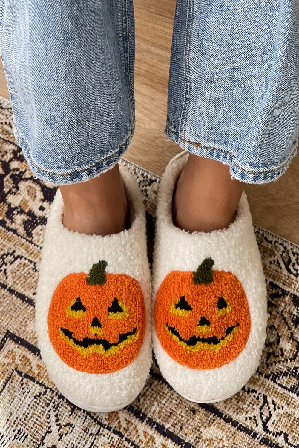 White Halloween Pumpkin Print Plush Slippers (Runs Small, Size Up) - Celeste  Shoes & Bags/Slippers  