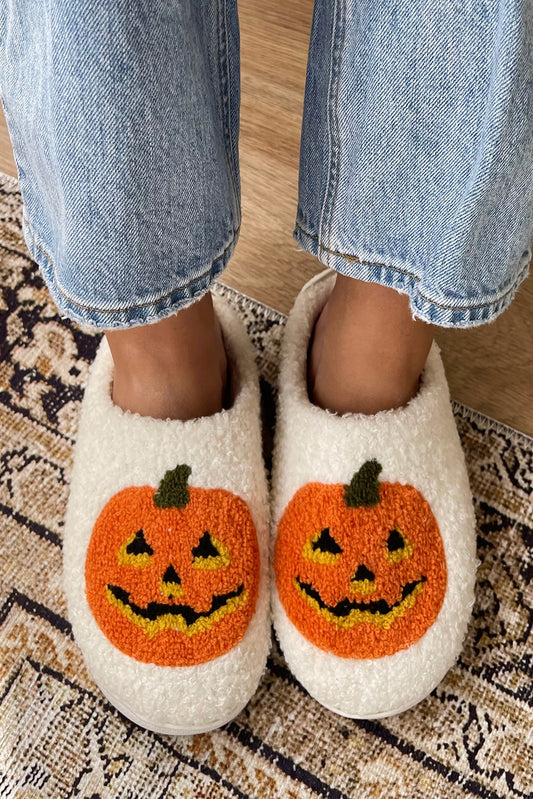 White Halloween Pumpkin Print Plush Slippers (Runs Small, Size Up) - Celeste  Shoes & Bags/Slippers  