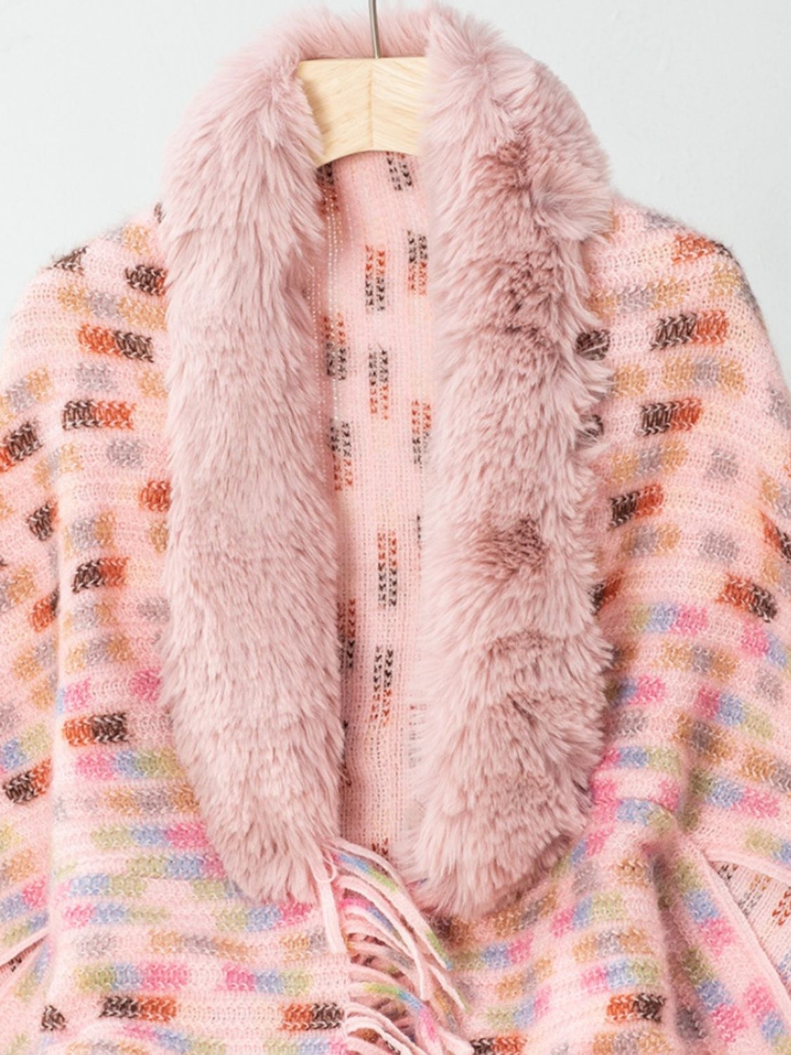 Fringe Fuzzy Open Front Poncho - Celeste    
