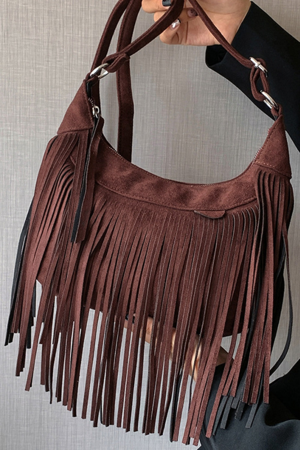 Suede Fringe Adjustable Strap Shoulder Bag - Celeste    