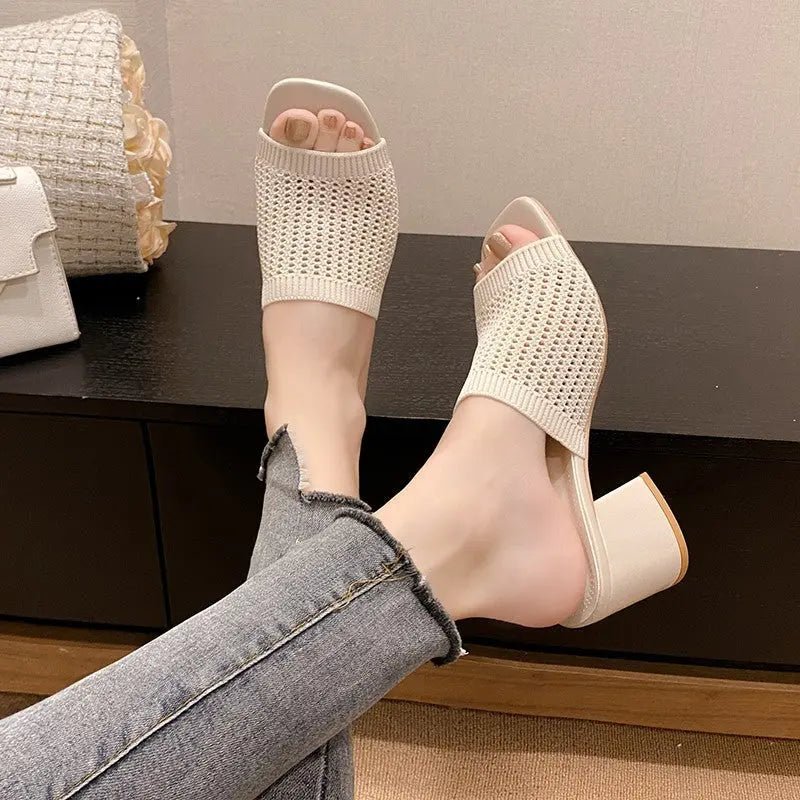 Block Heel Knit Sandals - Celeste    