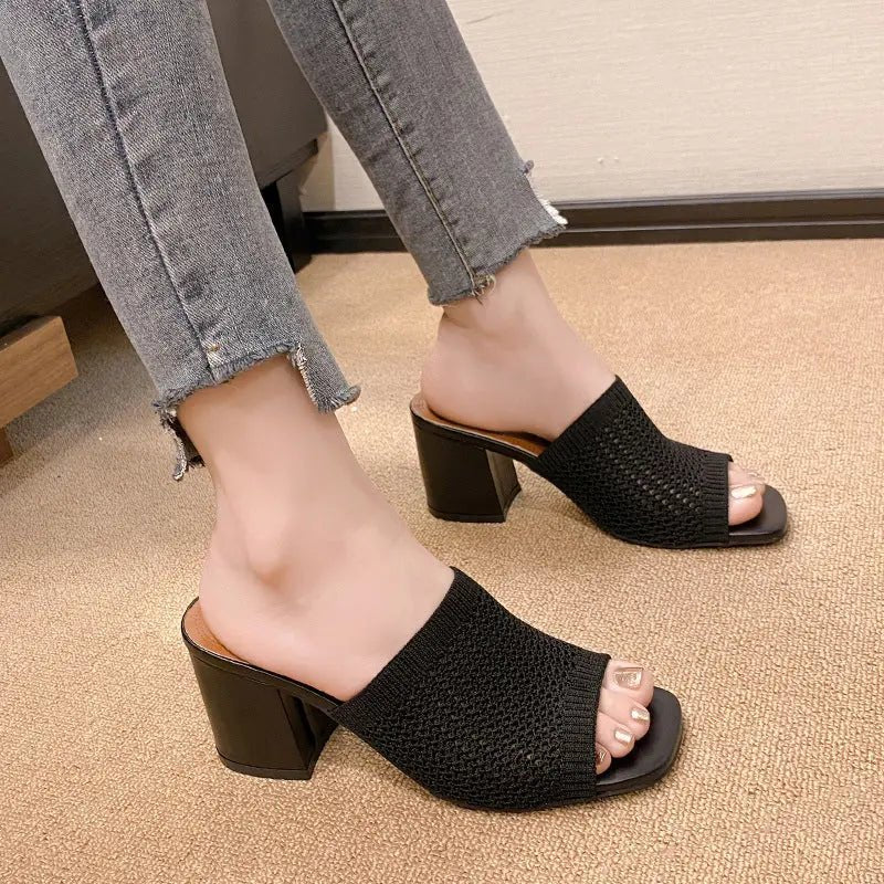 Block Heel Knit Sandals - Celeste    