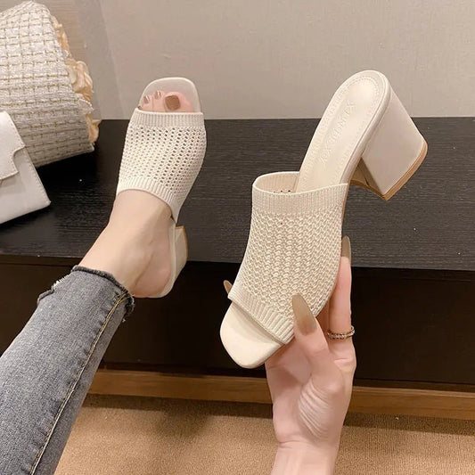 Block Heel Knit Sandals - Celeste    