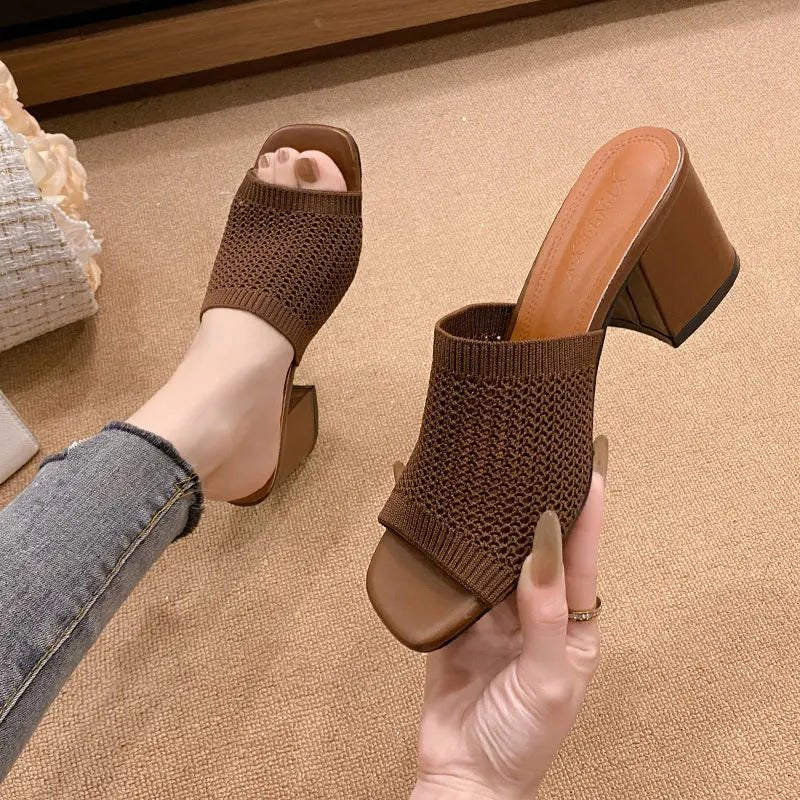 Block Heel Knit Sandals - Celeste    